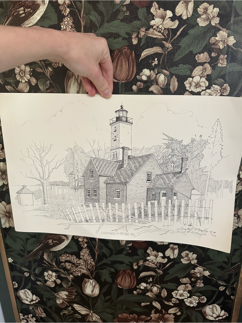 1990s Timothy P. McLaughlin  Lighthouse at Presque Isle Paper Drawing Signed